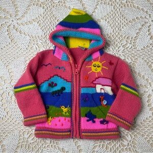 Vintage Lucy Iburg Baby Girl 12 Months Colorful Peruvian Hooded Sweater